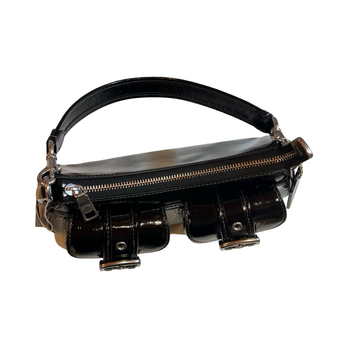 coach Patent Leather Pocket Hobo Shoulder Bag Black Silver Hardware co31