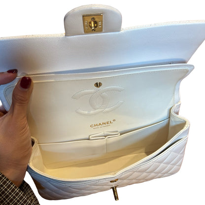CHANEL Caviar Classic Flap Shoulder Bag White Gold Hardware Ch2264