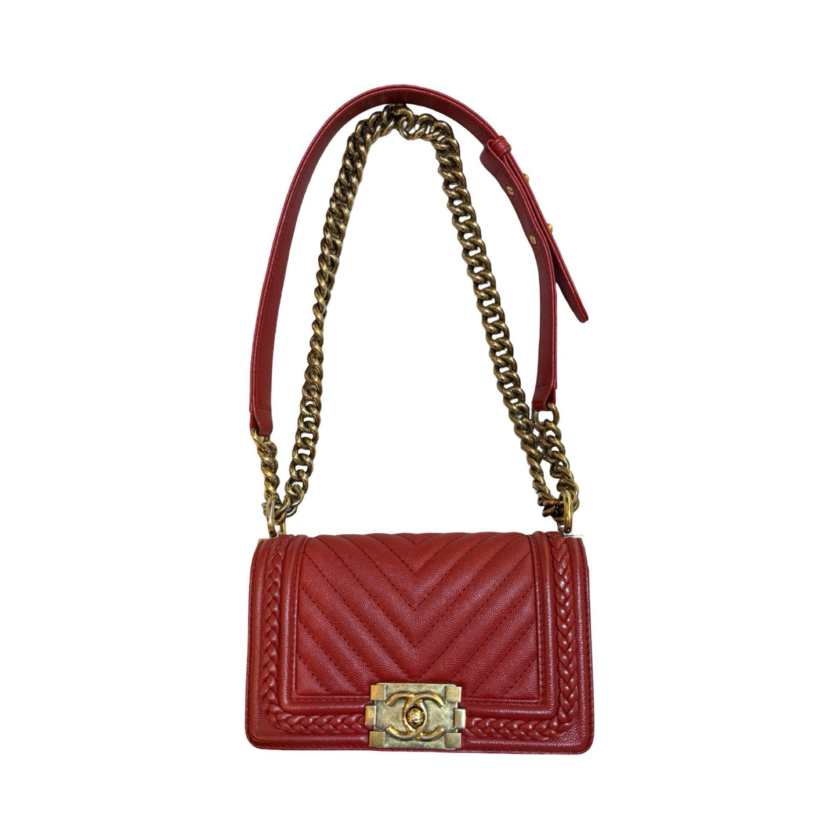 CHANEL Caviar Leather Boy Shoulder Bag Red Gold Hardware Ch2265