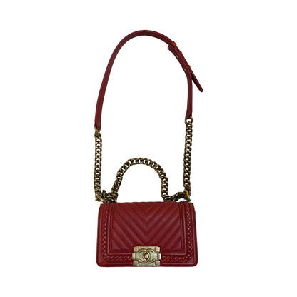 CHANEL Caviar Leather Boy Shoulder Bag Red Gold Hardware Ch2265