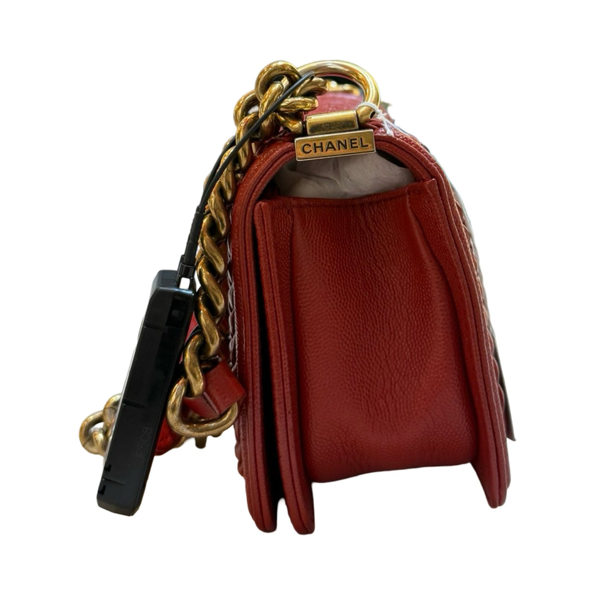 CHANEL Caviar Leather Boy Shoulder Bag Red Gold Hardware Ch2265