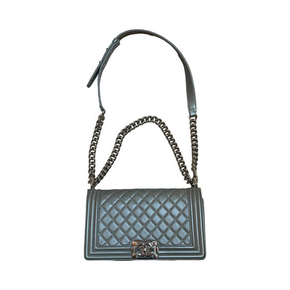 CHANEL Caviar Boy Bag Shoulder Bag Metallic Grey Ruthenium Hardware Ch2267