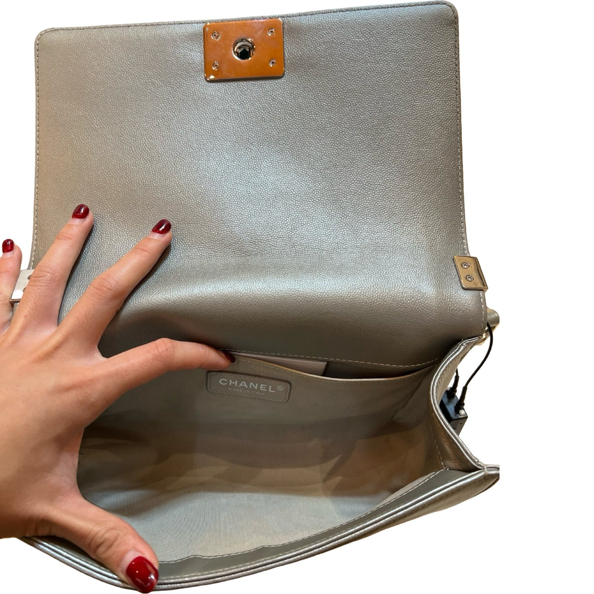 CHANEL Caviar Boy Bag Shoulder Bag Metallic Grey Ruthenium Hardware Ch2267