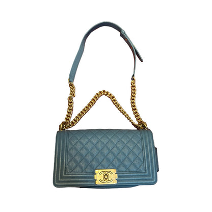 CHANEL Caviar Boy Bag Shoulder Bag Blue Gold Hardware Ch2272