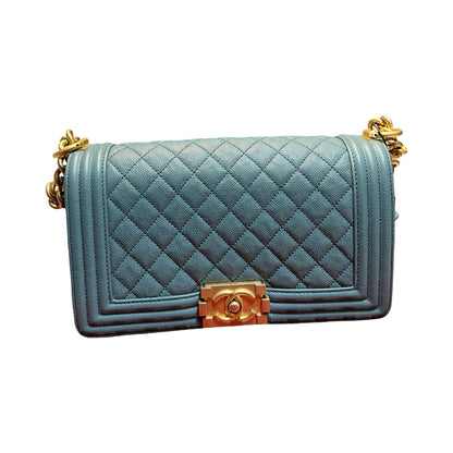 CHANEL Caviar Boy Bag Shoulder Bag Blue Gold Hardware Ch2272