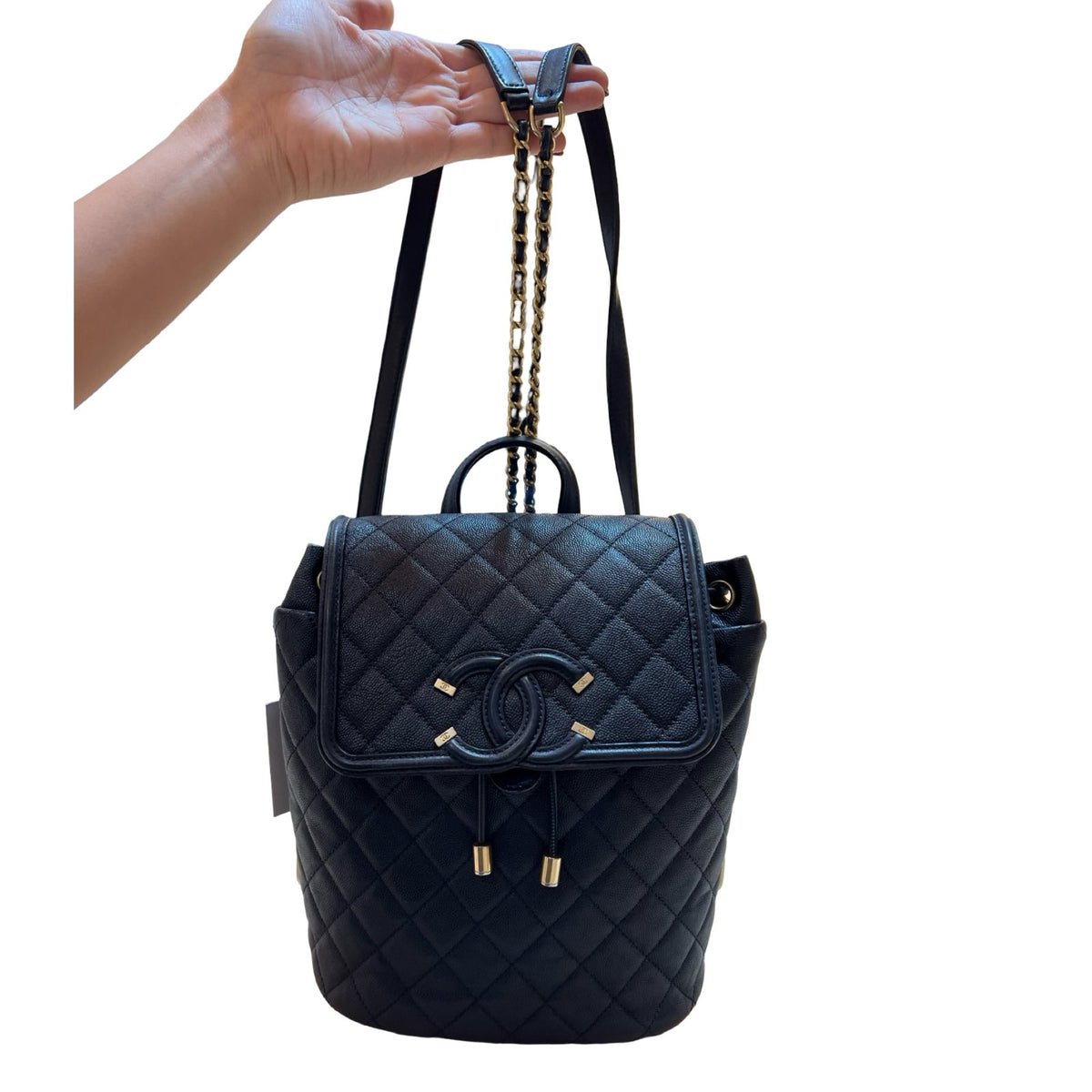 CHANEL Caviar Leather Dumas Backpack Navy Blue Gold Hardware Ch2273