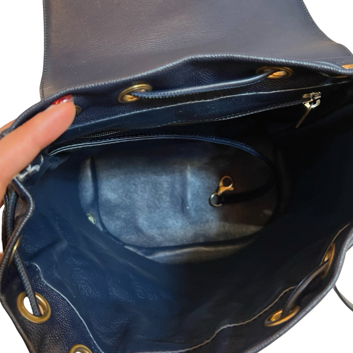 CHANEL Caviar Leather Dumas Backpack Navy Blue Gold Hardware Ch2273