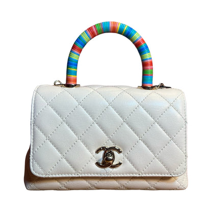 CHANEL Caviar Top Handle Flap Bag Handbag White, Multicolor Light Gold Hardware Ch2277