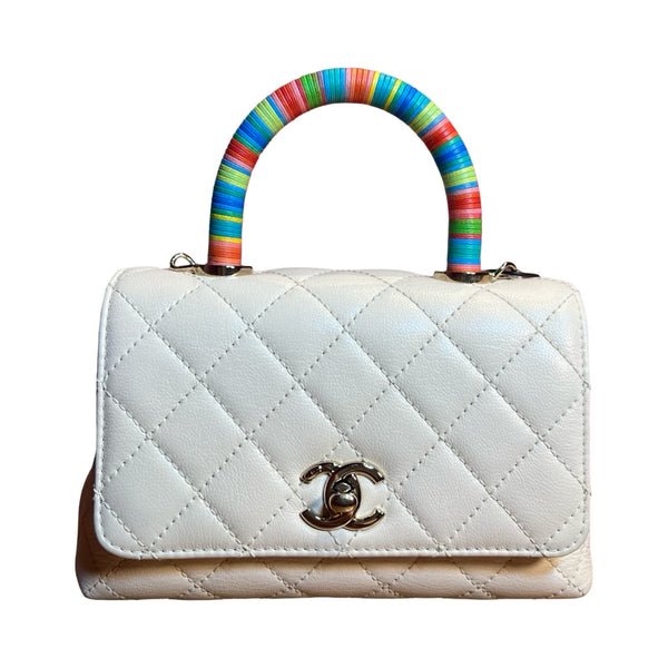 CHANEL Caviar Top Handle Flap Bag Handbag White, Multicolor Light Gold Hardware Ch2277