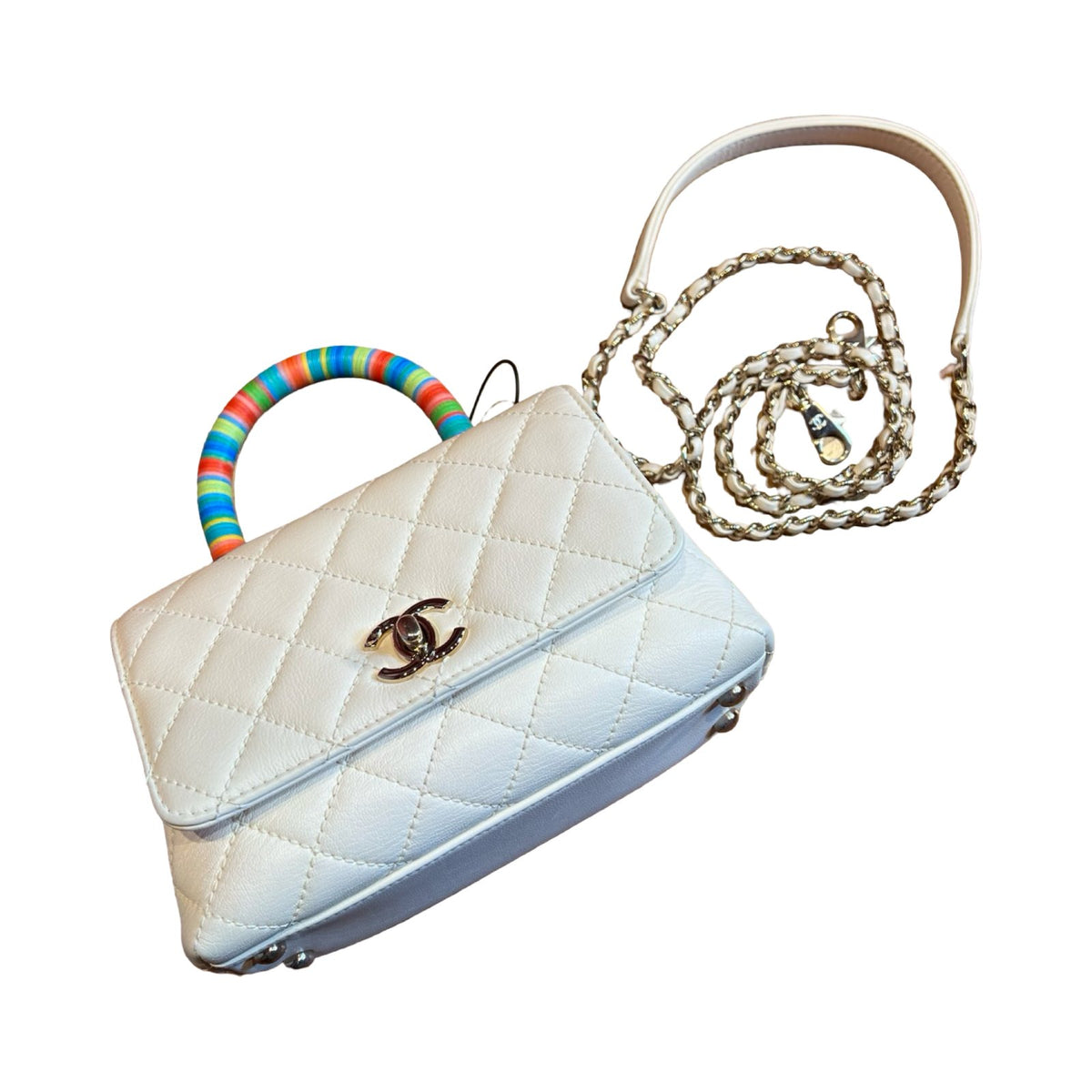 CHANEL Caviar Top Handle Flap Bag Handbag White, Multicolor Light Gold Hardware Ch2277