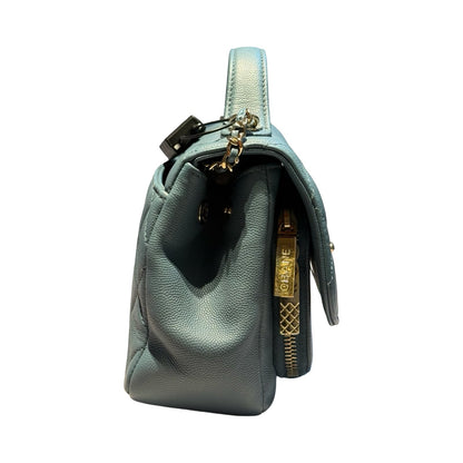 CHANEL Caviar Leather Bowling Bag with Handle Handbag Blue Gold Hardware Ch2280