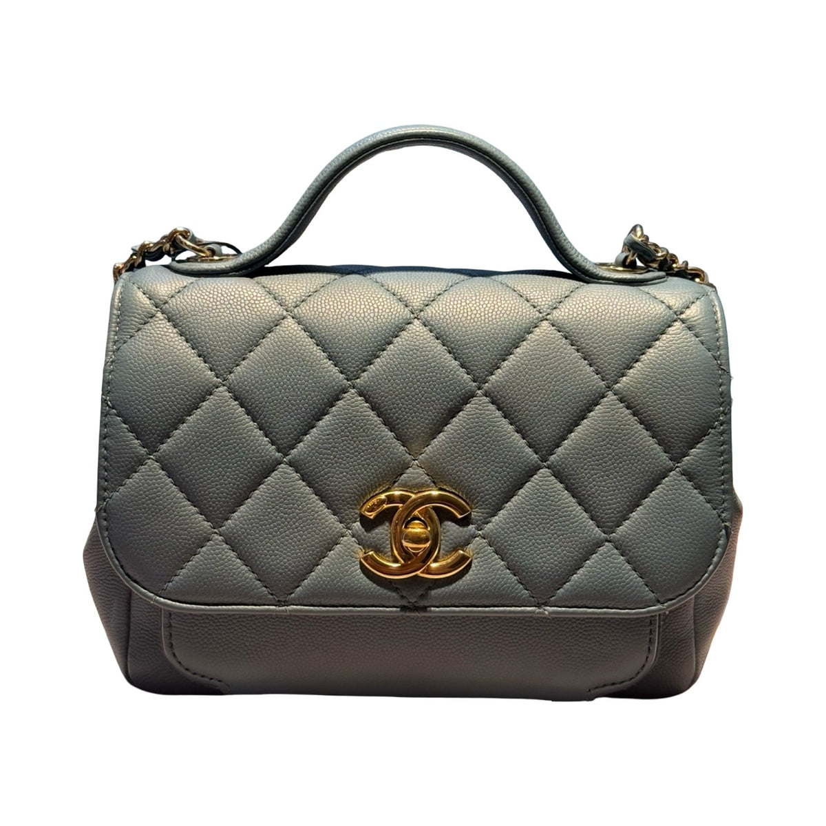 CHANEL Caviar Leather Bowling Bag with Handle Handbag Blue Gold Hardware Ch2280