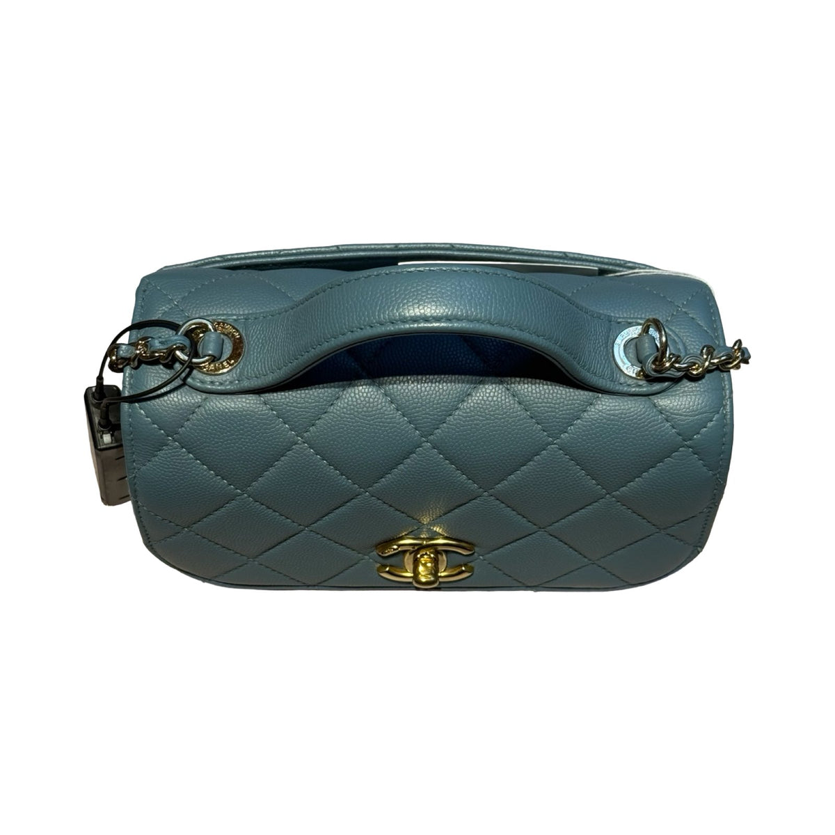 CHANEL Caviar Leather Bowling Bag with Handle Handbag Blue Gold Hardware Ch2280