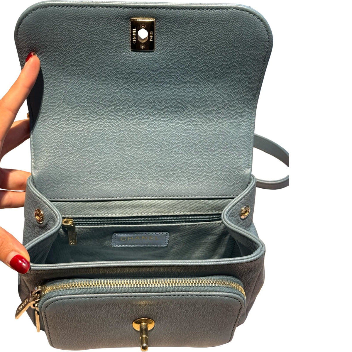 CHANEL Caviar Leather Bowling Bag with Handle Handbag Blue Gold Hardware Ch2280