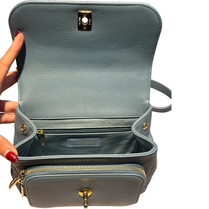 CHANEL Caviar Leather Bowling Bag with Handle Handbag Blue Gold Hardware Ch2280
