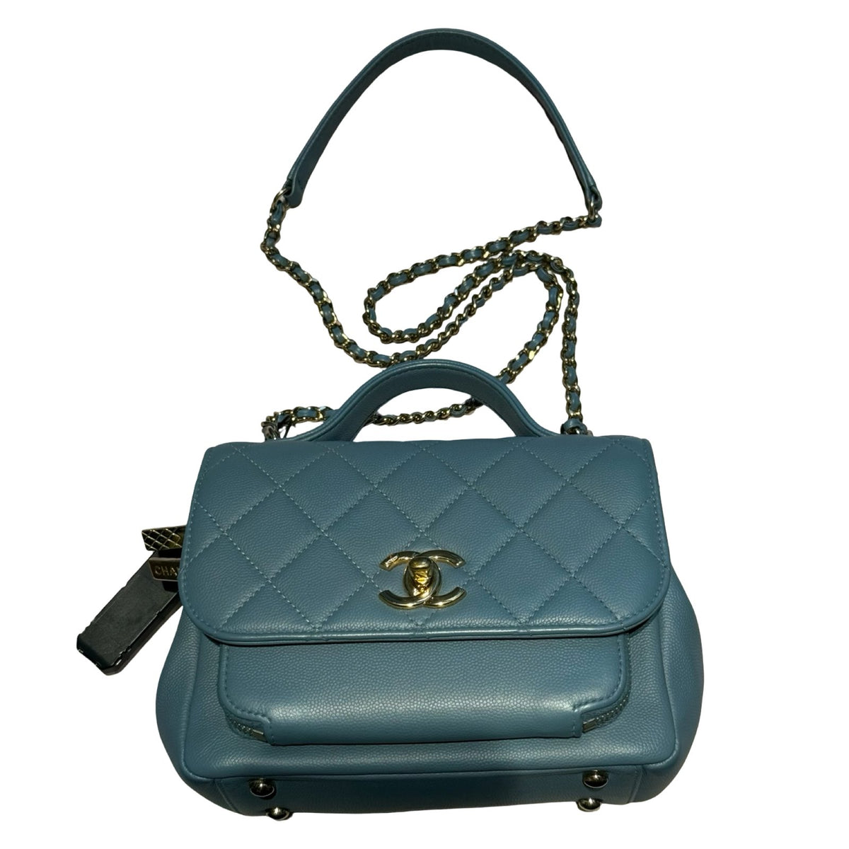CHANEL Caviar Leather Bowling Bag with Handle Handbag Blue Gold Hardware Ch2280