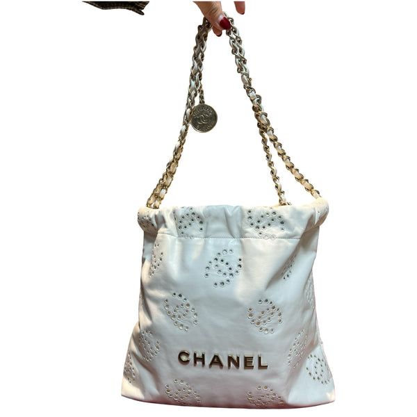 CHANEL Leather 22 Shoulder Bag White Gold Hardware Ch2281
