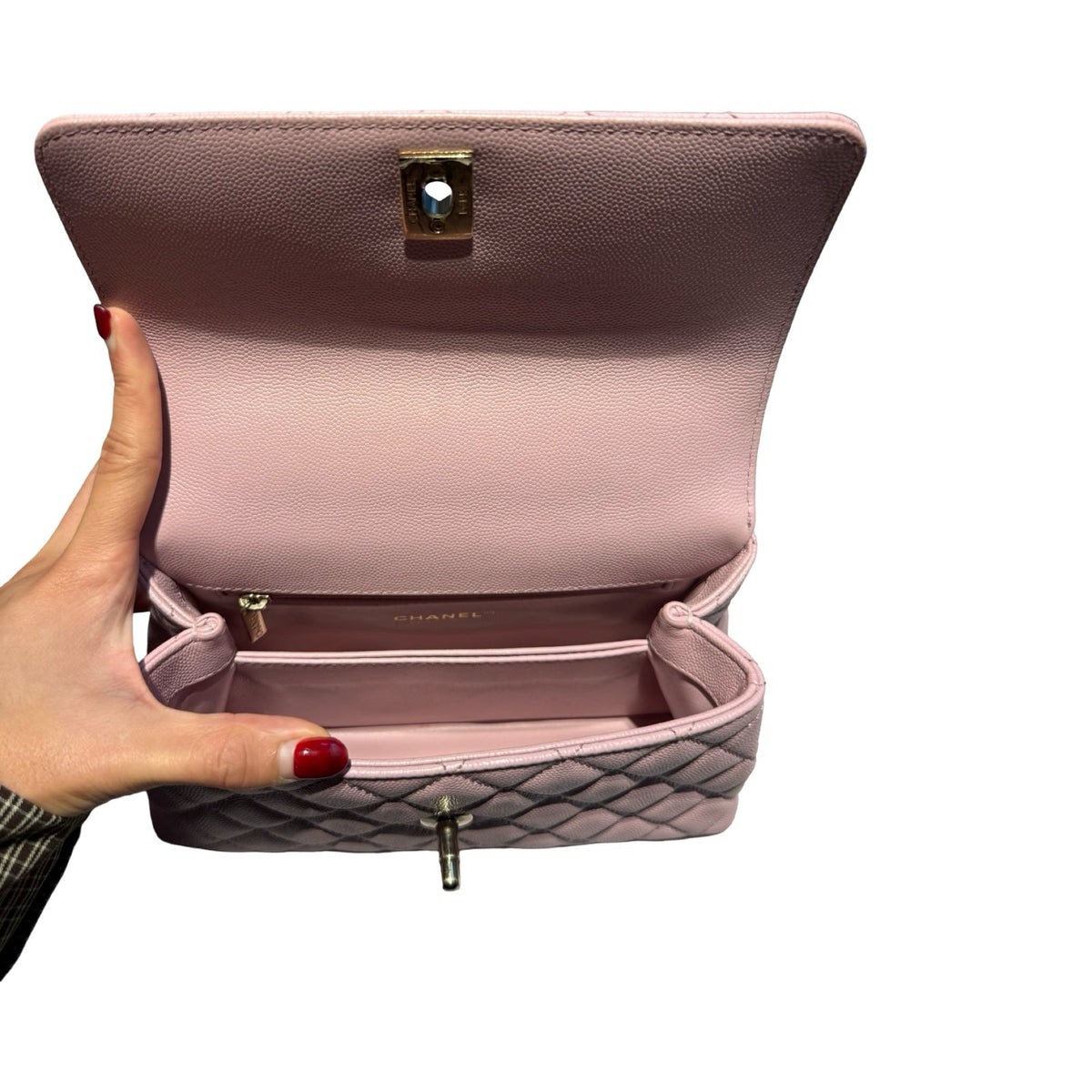 CHANEL Caviar Coco Handle Handbag Pink Gold Hardware Ch2283
