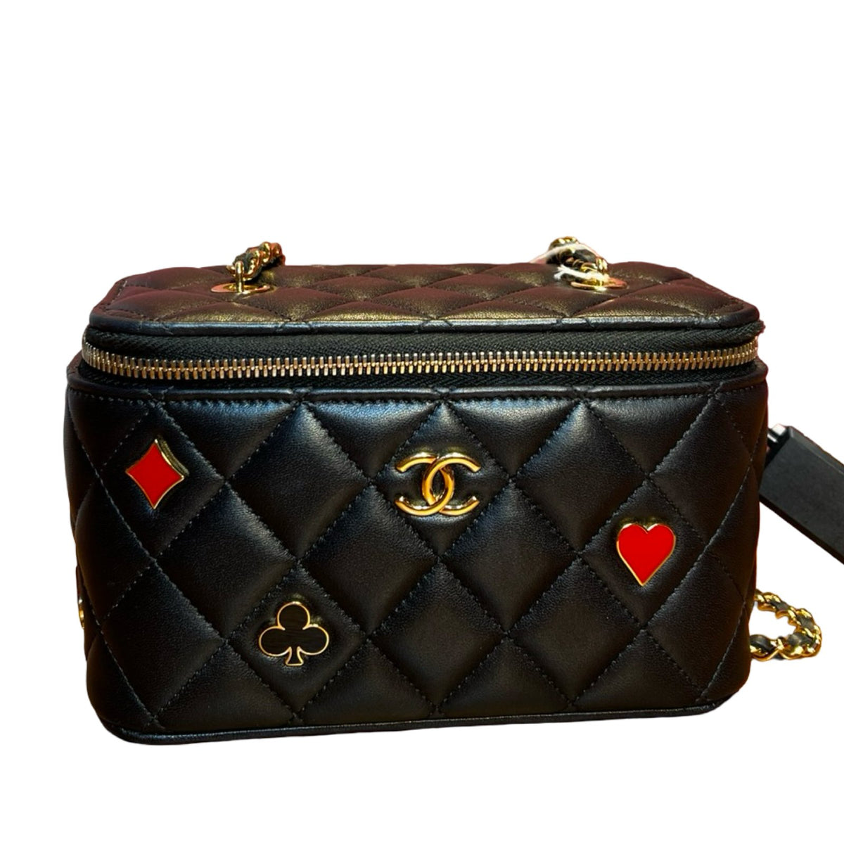 CHANEL Lambskin Casino Vanity Case Vanity Case / Shoulder Bag Black, Red Gold Hardware Ch2285