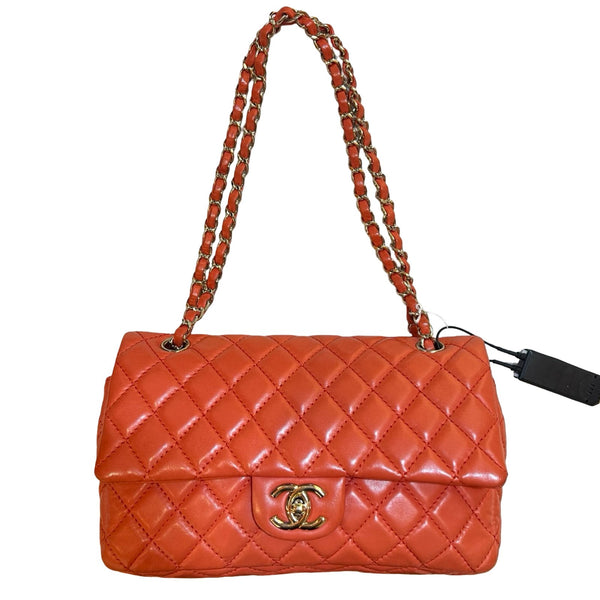 CHANEL Leather Classic Flap Shoulder Bag Orange Gold Hardware Ch2289