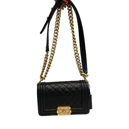 CHANEL Leather Boy Bag Shoulder Bag Black Gold Hardware Ch2270