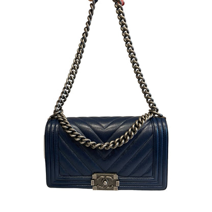 CHANEL Caviar Boy Bag Shoulder Bag Blue Ruthenium Hardware Ch2271
