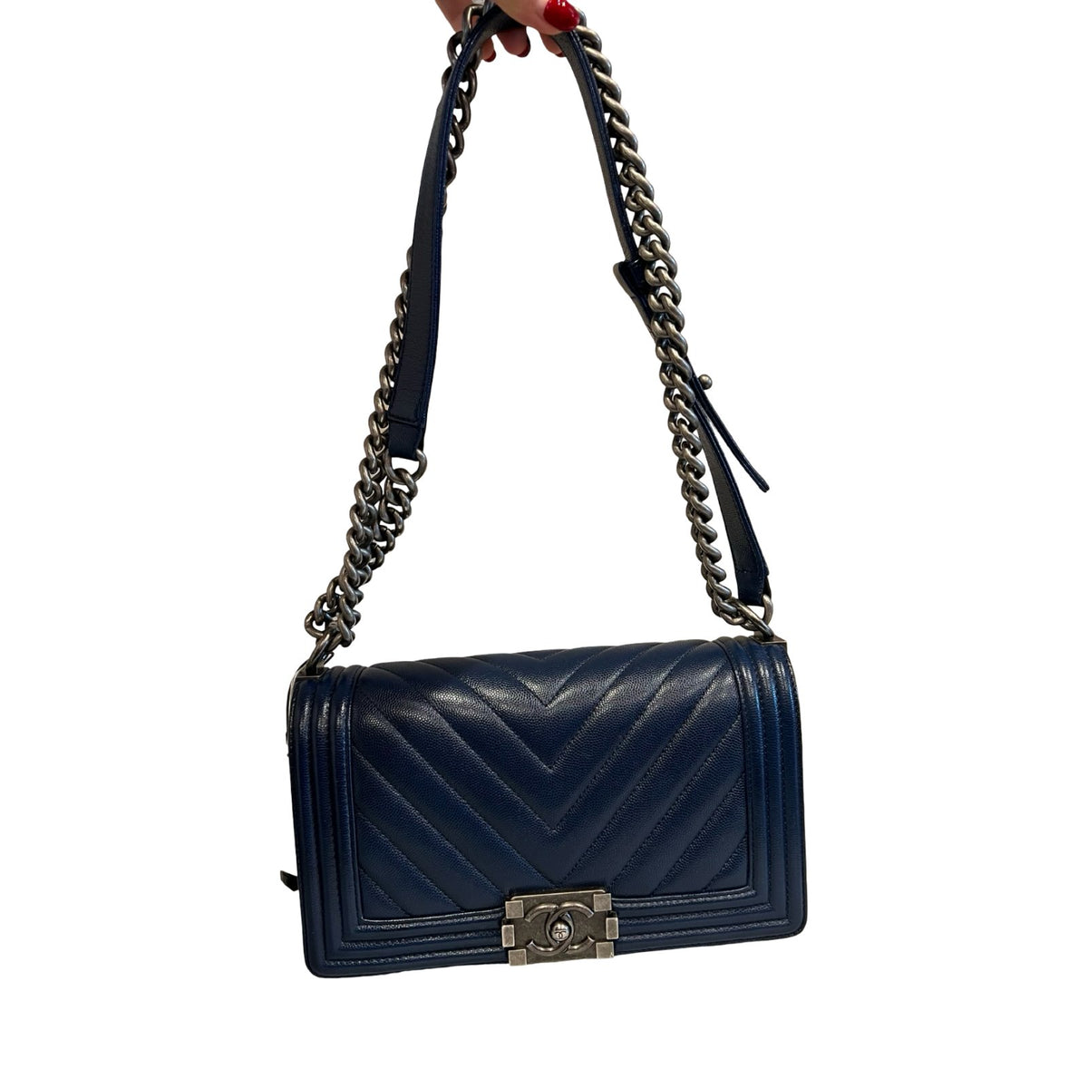 CHANEL Caviar Boy Bag Shoulder Bag Blue Ruthenium Hardware Ch2271