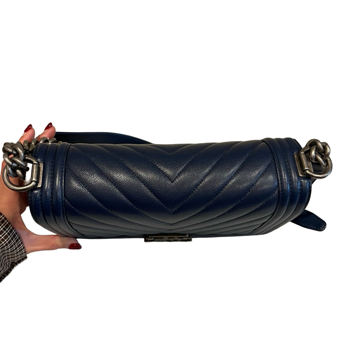CHANEL Caviar Boy Bag Shoulder Bag Blue Ruthenium Hardware Ch2271