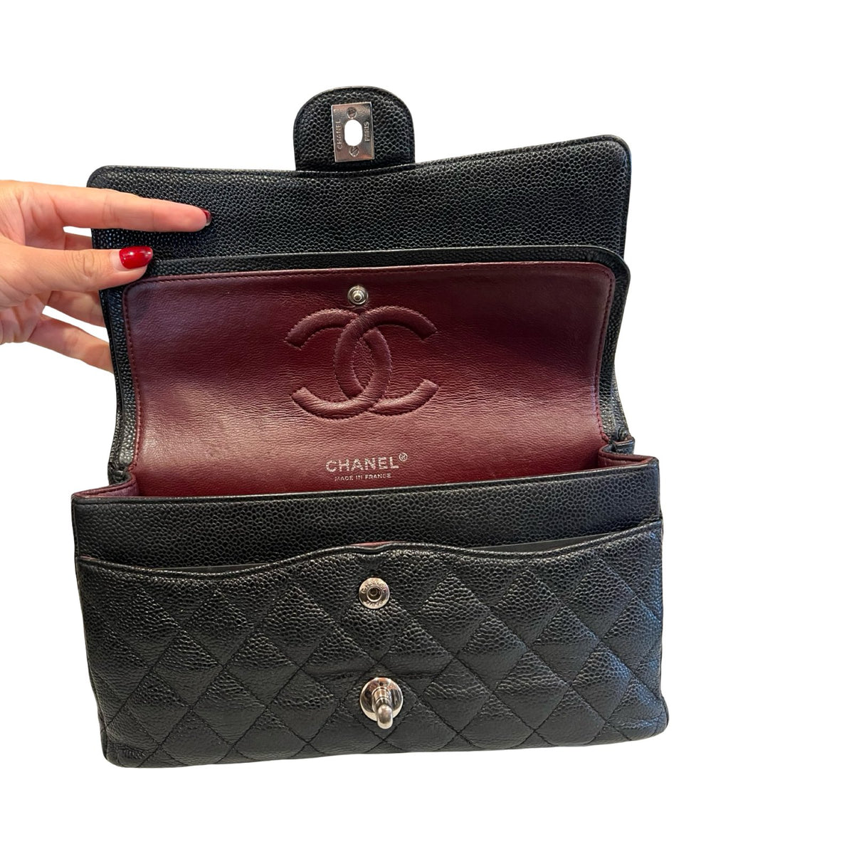 CHANEL Caviar Classic Flap Shoulder Bag Black Silver Hardware Ch2275