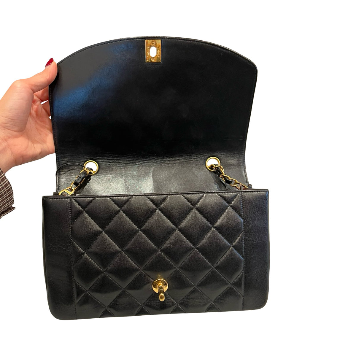 CHANEL Lambskin Diana Flap Bag Shoulder Bag Black Gold Hardware Ch2276