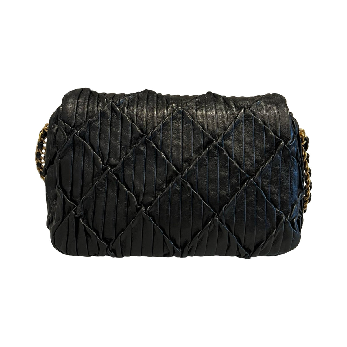 CHANEL Lambskin Pleated Flap Bag Shoulder Bag Black Gold Hardware Ch2284