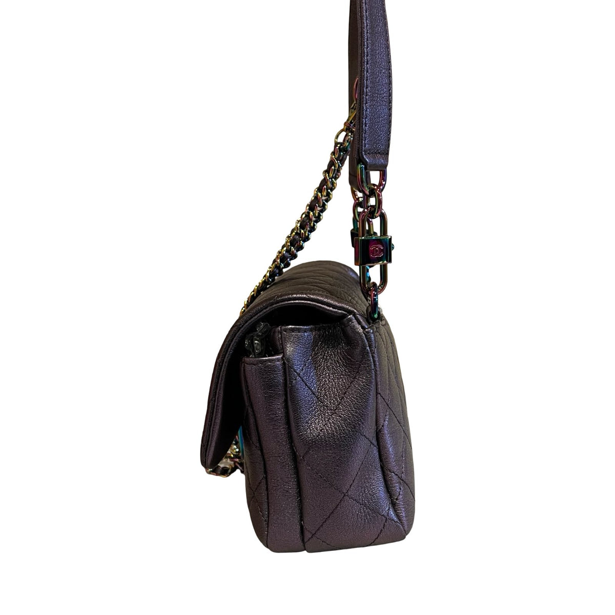 CHANEL Caviar Leather Classic Flap Shoulder Bag Iridescent Metallic Purple Iridescent Hardware Ch2291