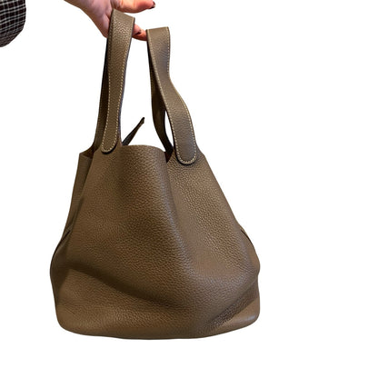 HERMÈS Clemence Picotin Lock Bucket Bag Taupe Silver Hardware He490