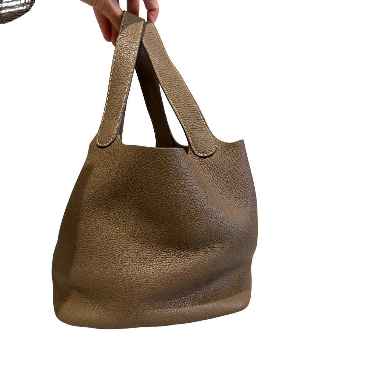 HERMÈS Clemence Picotin Lock Bucket Bag Taupe Silver Hardware He490