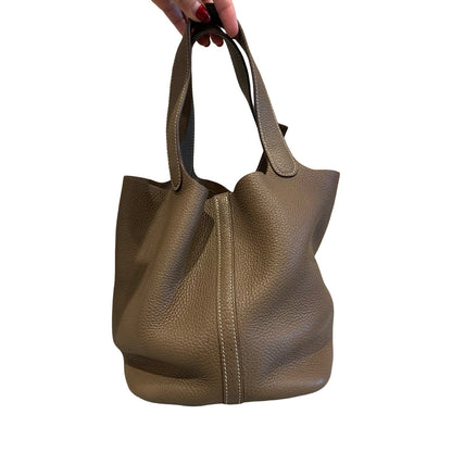 HERMÈS Clemence Picotin Lock Bucket Bag Taupe Silver Hardware He490