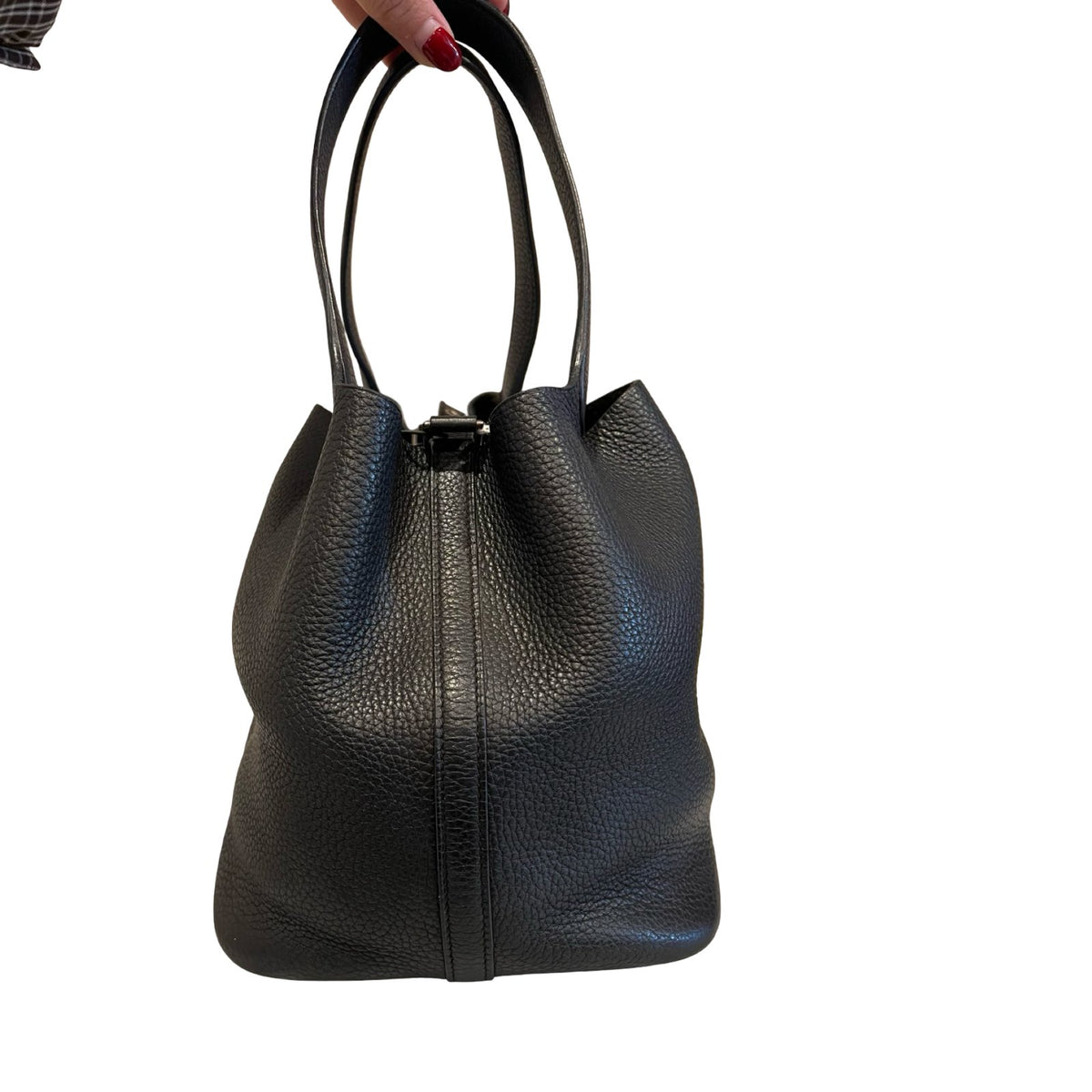 HERMÈS Clemence Picotin Lock Bucket Bag Black Silver Hardware He491