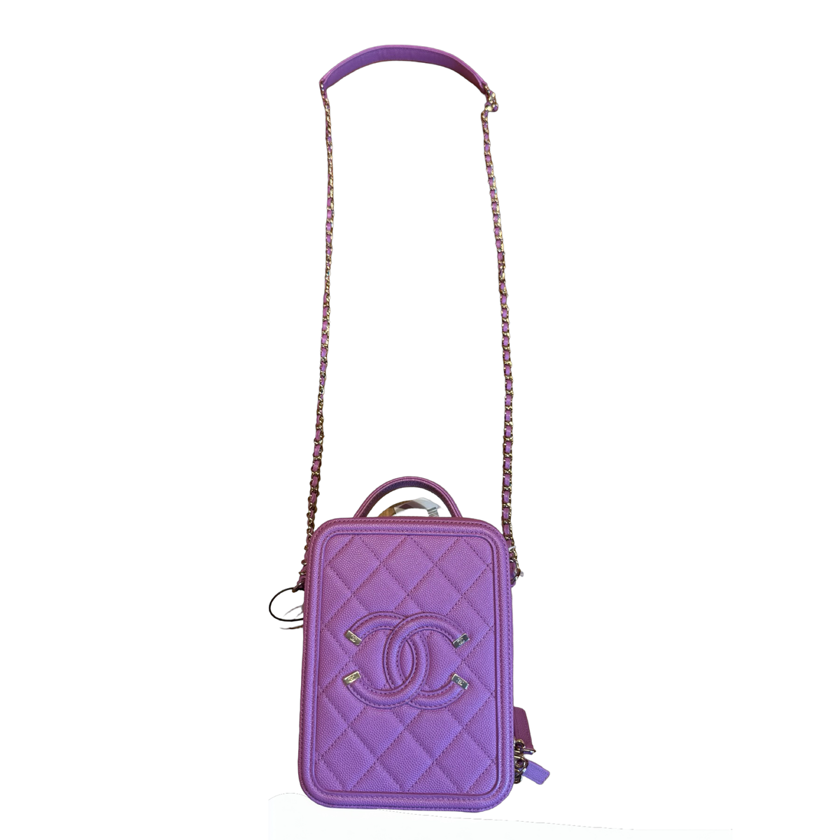 CHANEL Caviar Filigree Vanity Case Shoulder Bag Purple Gold Hardware Ch2279