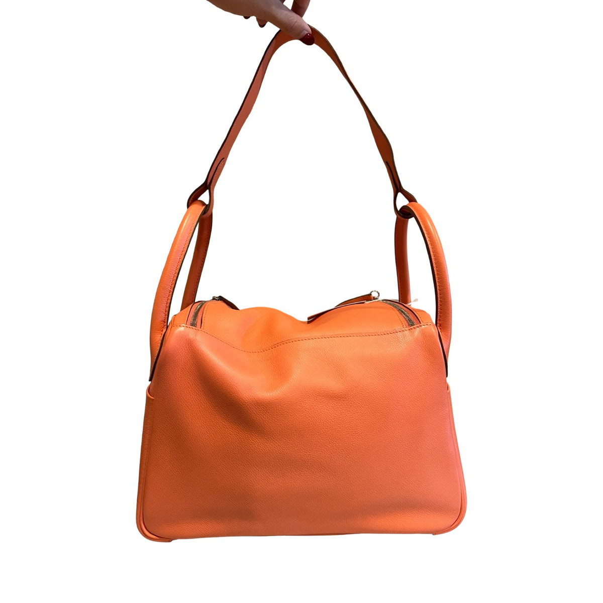 HERMES Clemence Lindy Handbag Orange Silver Hardware He494