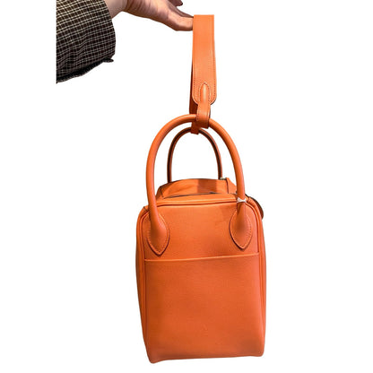 HERMES Clemence Lindy Handbag Orange Silver Hardware He494
