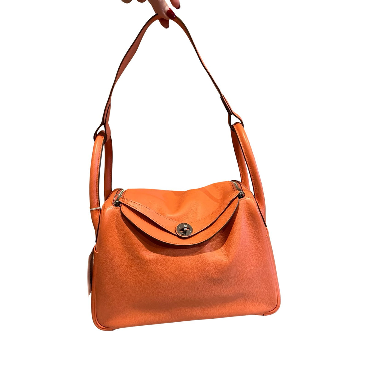 HERMES Clemence Lindy Handbag Orange Silver Hardware He494