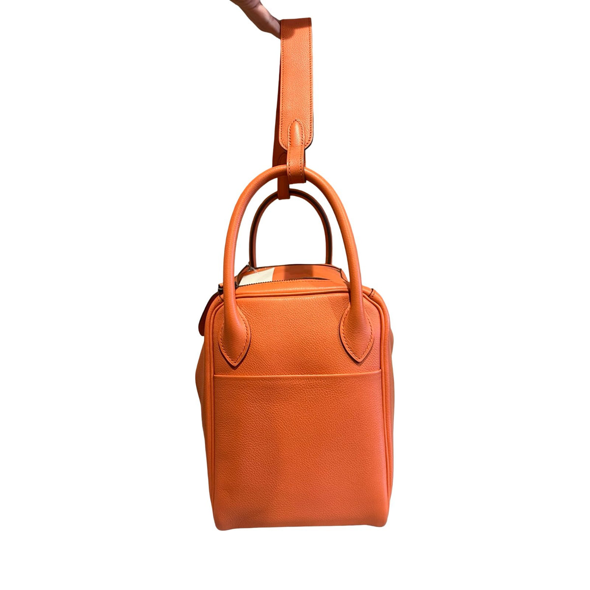 HERMES Clemence Lindy Handbag Orange Silver Hardware He494