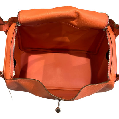 HERMES Clemence Lindy Handbag Orange Silver Hardware He494