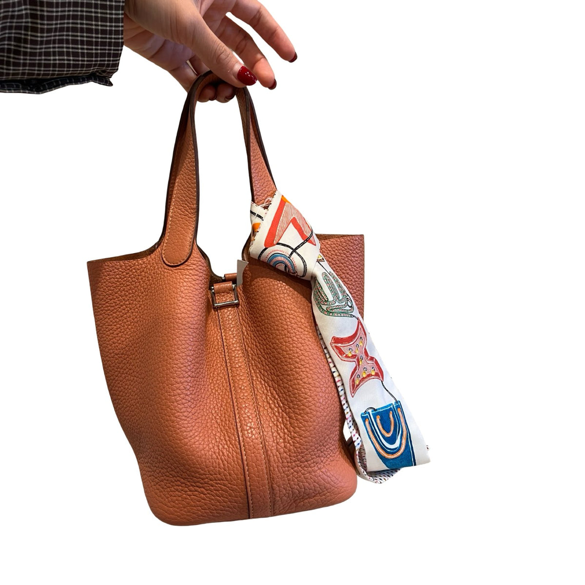 HERMES Clemence Picotin Lock Handbag Orange Silver Hardware He495