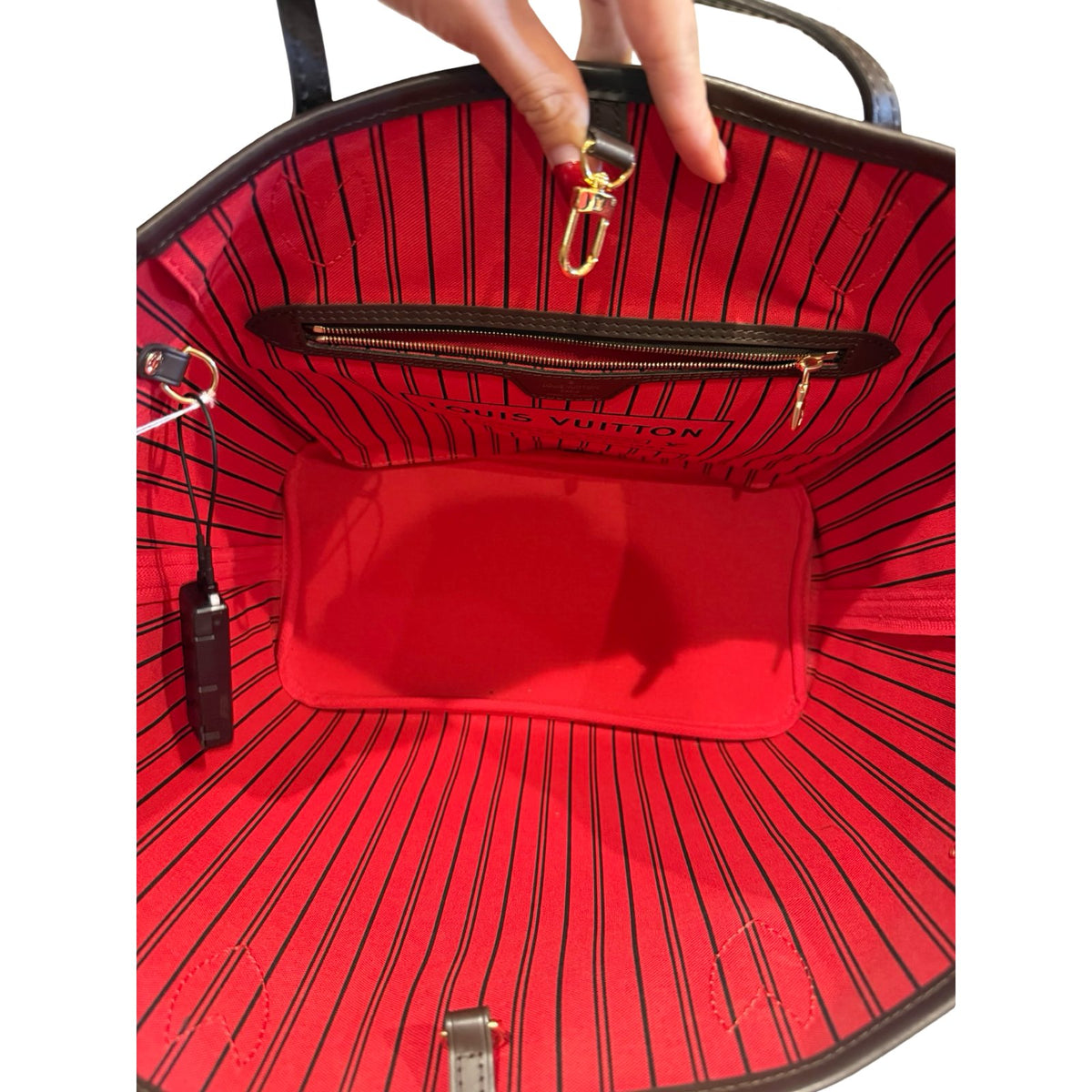 Louis Vuitton Damier Ebene Neverfull Tote Brown, Red Gold Hardware Lo2386