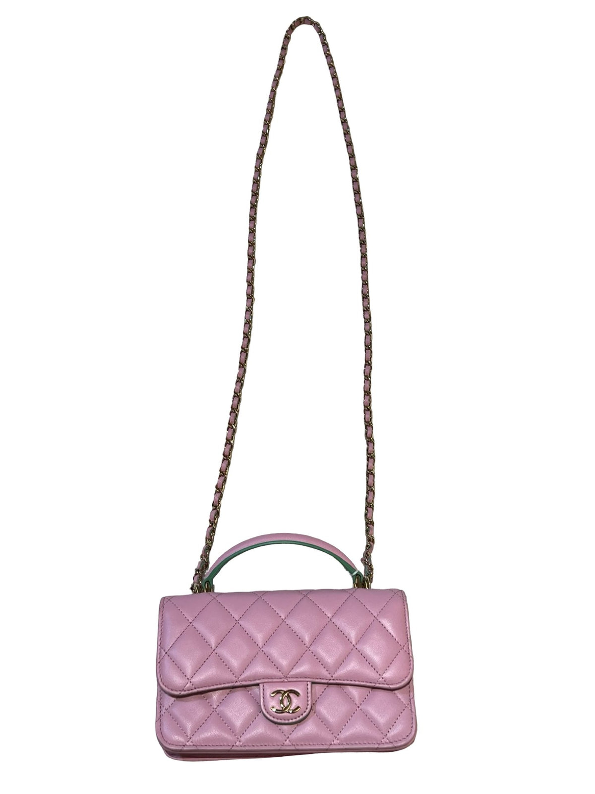 CHANEL Lambskin Coco Handle Mini Flap Bag Shoulder Bag / Top Handle Bag Pink with Green accents Gold Hardware Ry14