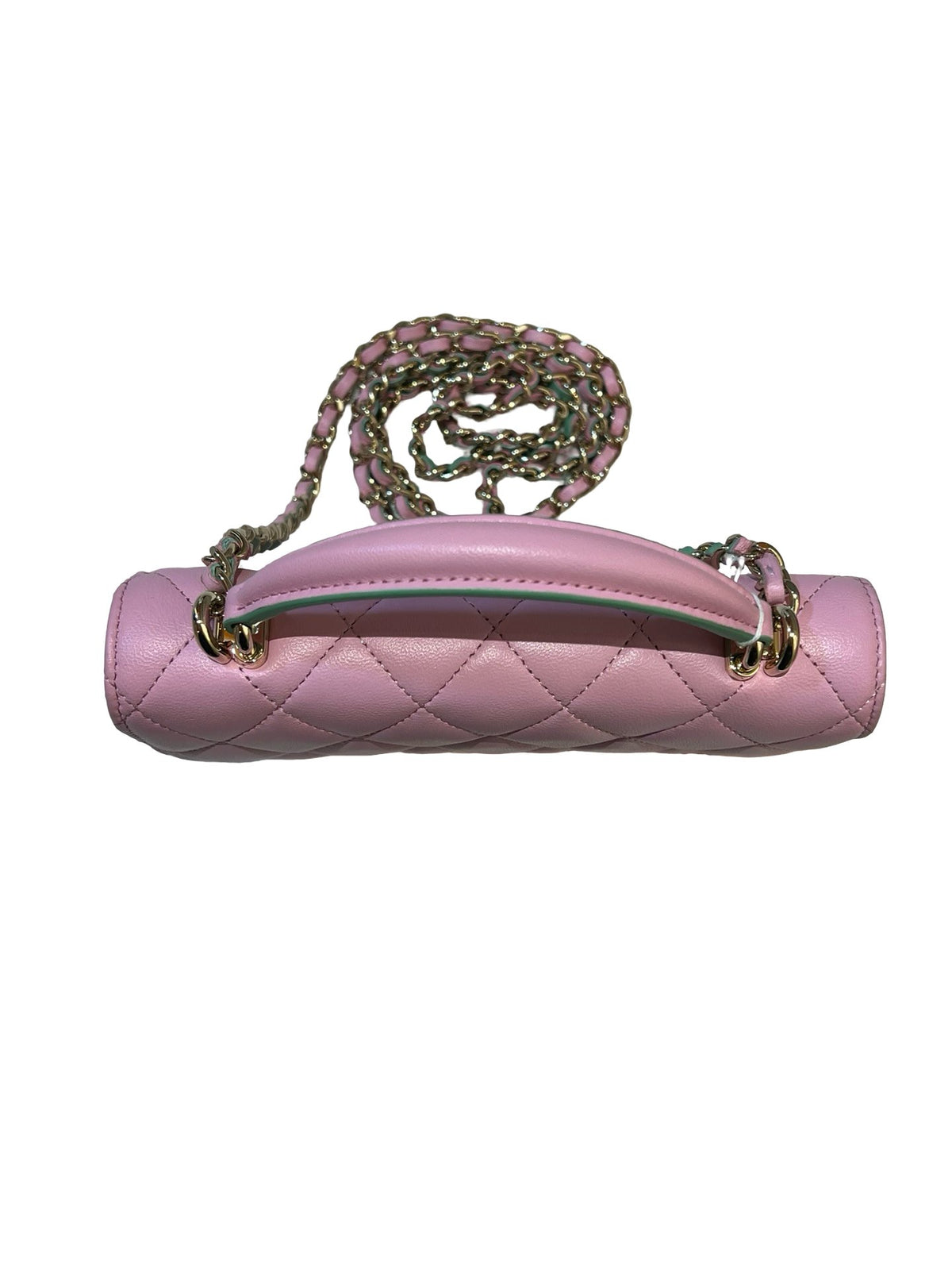 CHANEL Lambskin Coco Handle Mini Flap Bag Shoulder Bag / Top Handle Bag Pink with Green accents Gold Hardware Ry14