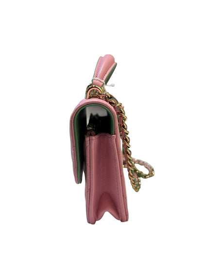 CHANEL Lambskin Coco Handle Mini Flap Bag Shoulder Bag / Top Handle Bag Pink with Green accents Gold Hardware Ry14