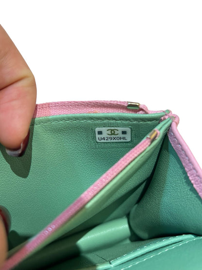 CHANEL Lambskin Coco Handle Mini Flap Bag Shoulder Bag / Top Handle Bag Pink with Green accents Gold Hardware Ry14