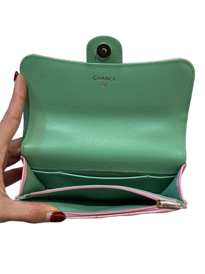 CHANEL Lambskin Coco Handle Mini Flap Bag Shoulder Bag / Top Handle Bag Pink with Green accents Gold Hardware Ry14