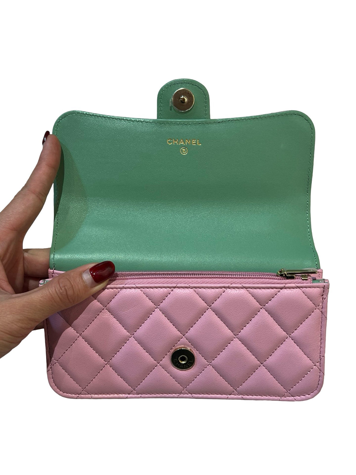 CHANEL Lambskin Coco Handle Mini Flap Bag Shoulder Bag / Top Handle Bag Pink with Green accents Gold Hardware Ry14